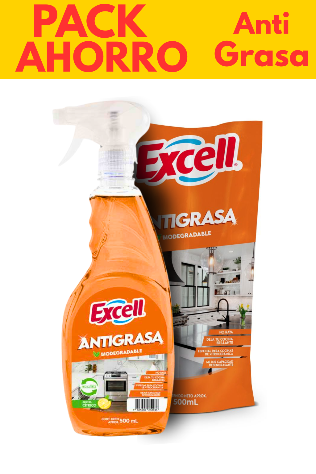 Pack Desengrasante Excell Antigrasa | Botella 500 ml + Recarga Doypack 500 ml