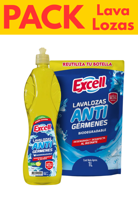 Pack Lavalozas Excell Antigérmenes | Botella 750 ml + Recarga Doypack 1L