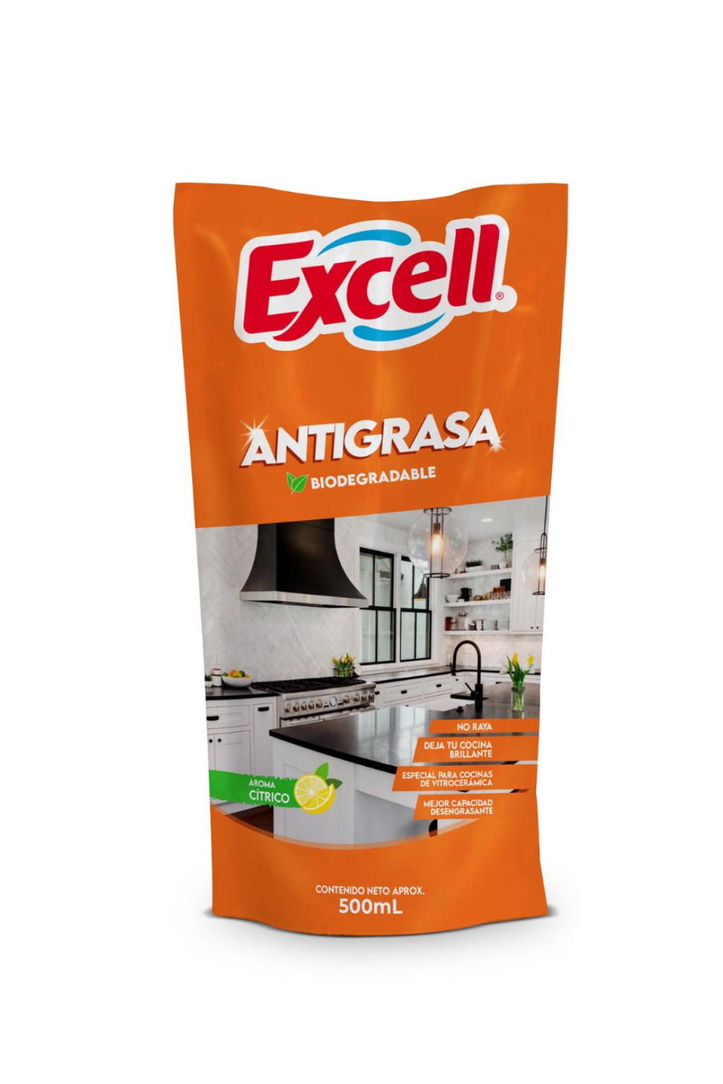 Desengrasante Excell Antigrasa Doypack 500 ml | Recarga Biodegradable Aroma Cítrico