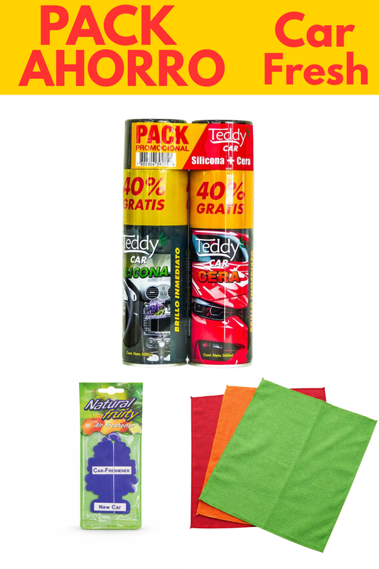 Pack Limpieza Auto Completo: Silicona + Cera, 3 Paños Microfibra y Aromatizante | Brillo y Protección Interior/Exterior