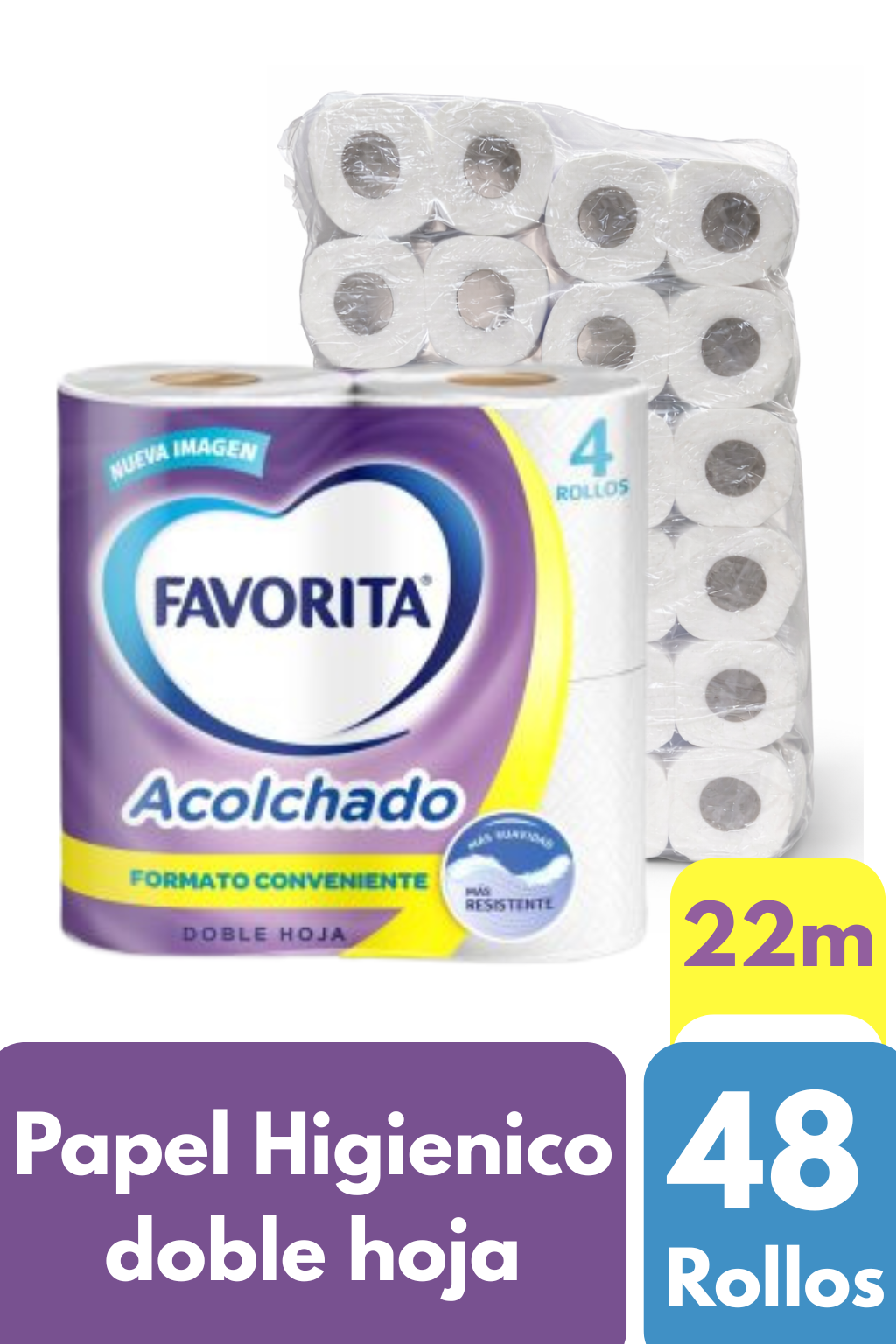 Papel Higiénico Favorita Doble Hoja 48 Rollos 22m | Suave y Rendidor