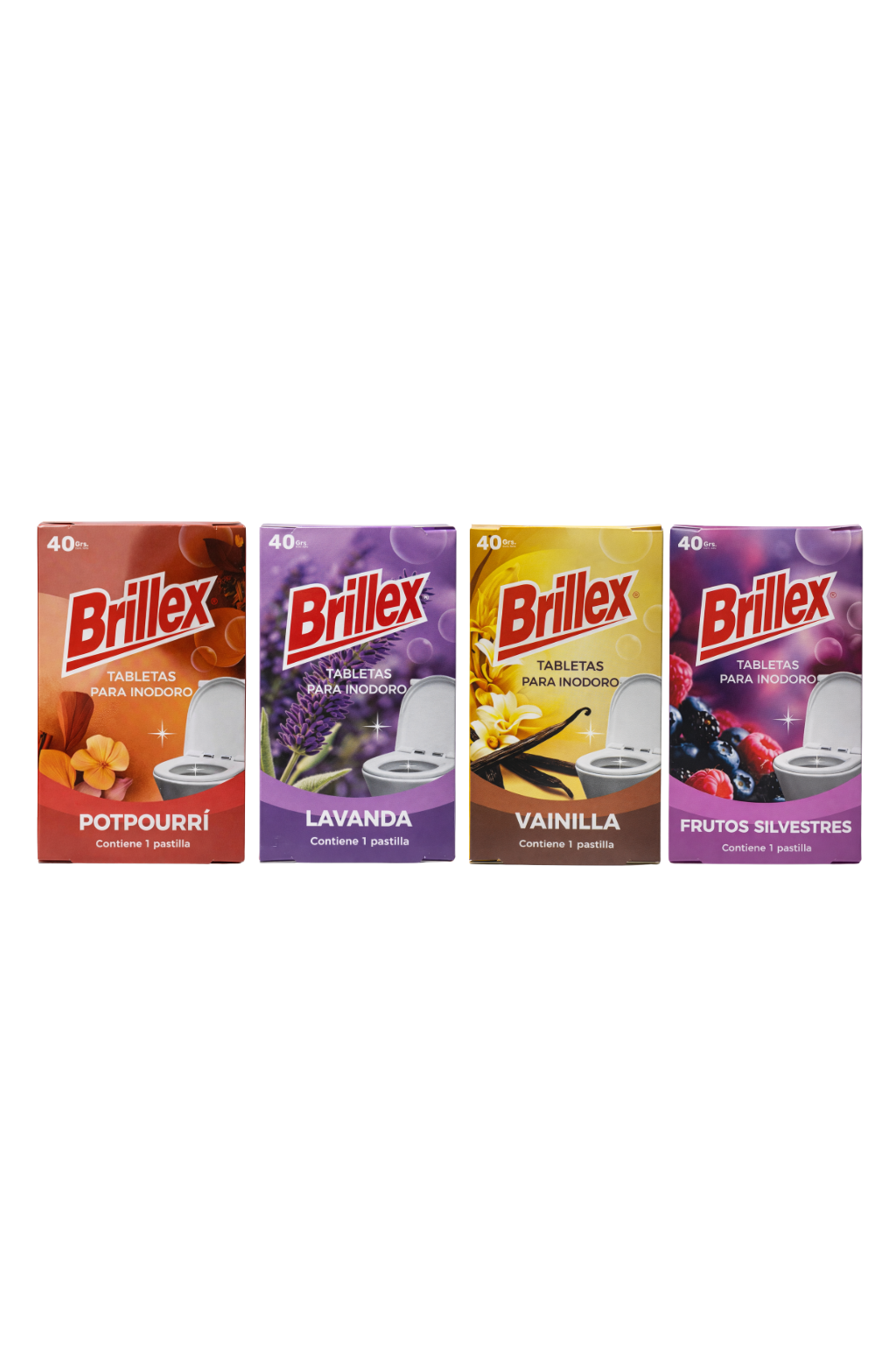 Pastillas para Inodoro Brillex con Colgante | Aromatizante WC 40g (Lavanda, Vainilla, Frutos Silvestres, Potpourrí)