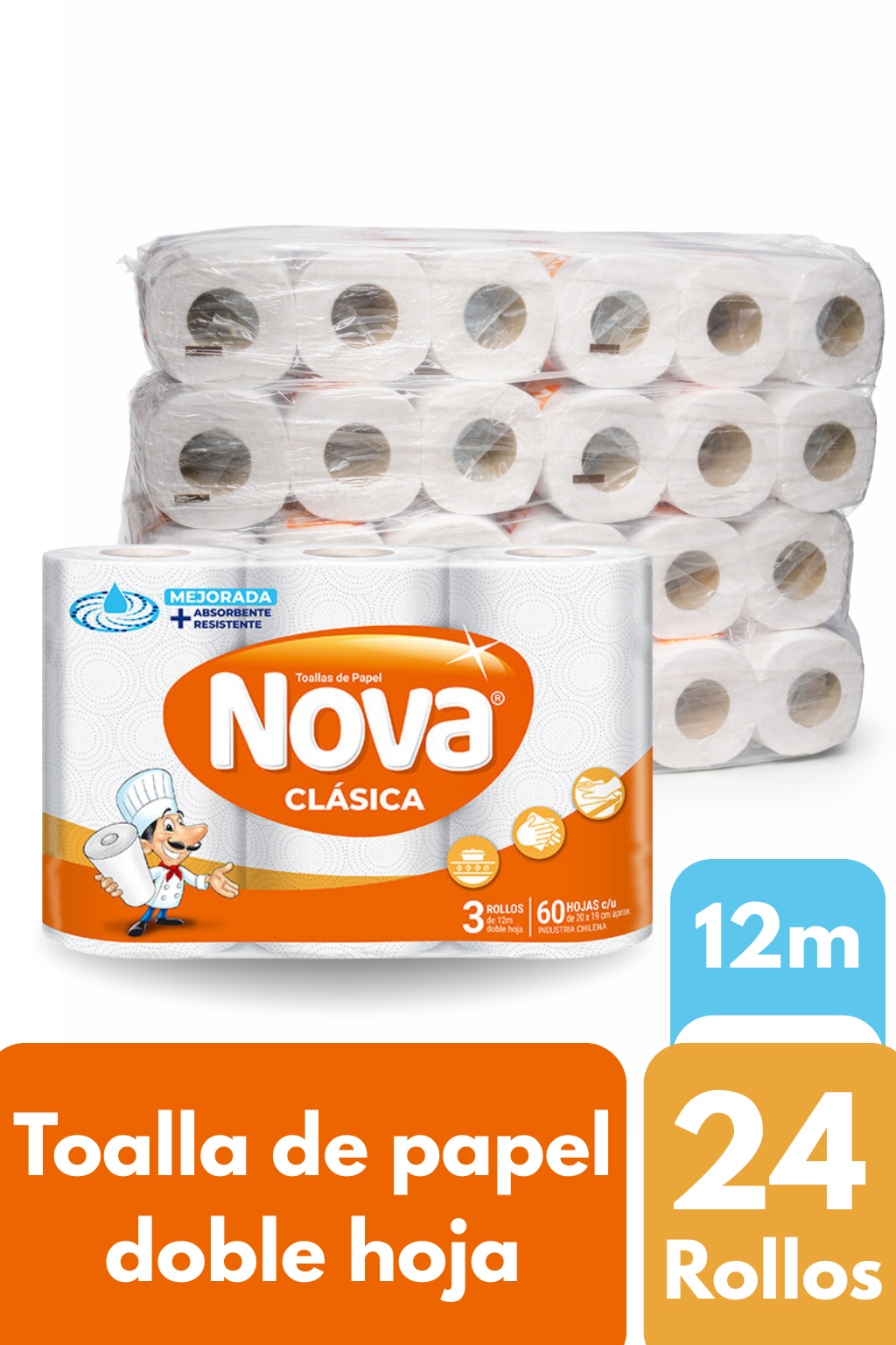 Toalla de Papel Nova Clásica 24 Rollos X 12m(8 Pack x 3 Unidades)