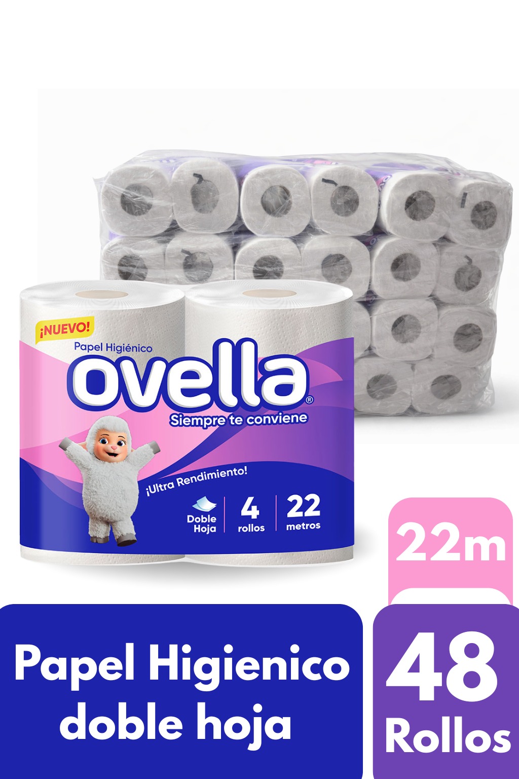 Papel Higiénico Ovella Hoja Doble 48 rollos X 22m (12 packs de 4 rollos)