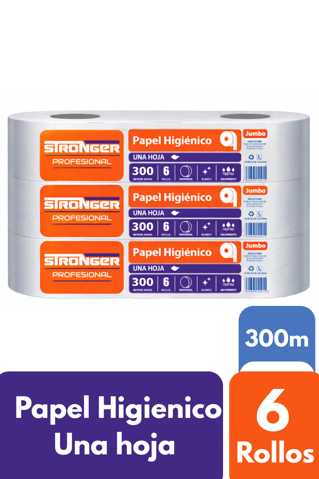 Papel Higiénico Jumbo Stronger 6x300mts