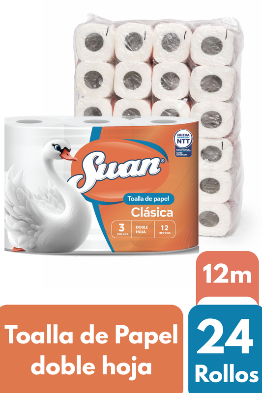 Toalla de Papel Swan Clasica Doble Hoja 24 Rollos x 12m (pack3)