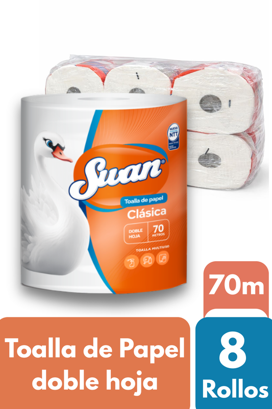 Toalla de Papel Swan Clasica Doble Hoja 8 Rollos x 70m
